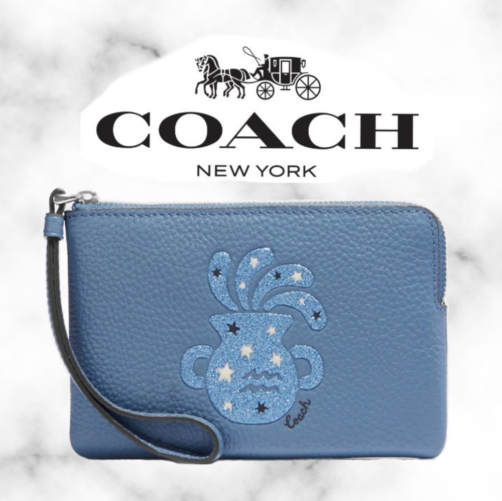 Coach Corner Zip Wristlet With Aquarius